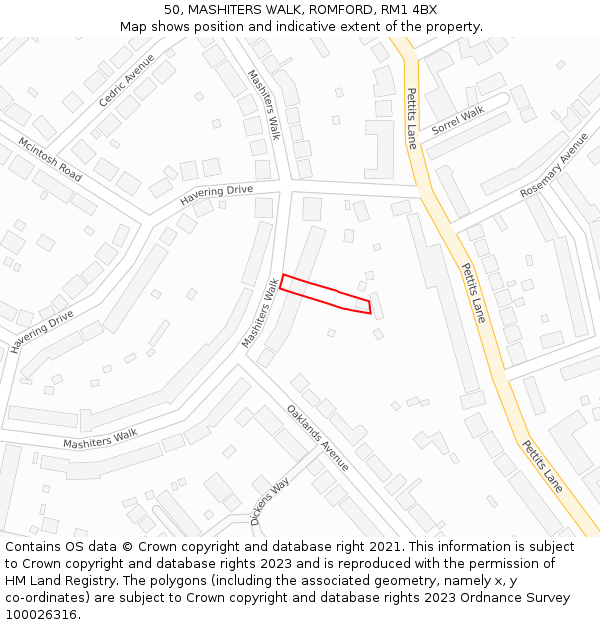 50, MASHITERS WALK, ROMFORD, RM1 4BX: Location map and indicative extent of plot