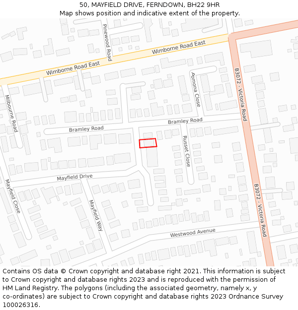 50, MAYFIELD DRIVE, FERNDOWN, BH22 9HR: Location map and indicative extent of plot