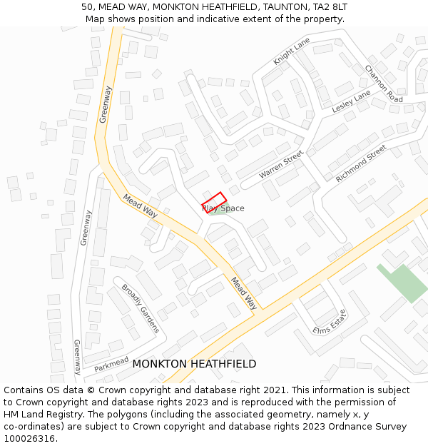 50, MEAD WAY, MONKTON HEATHFIELD, TAUNTON, TA2 8LT: Location map and indicative extent of plot