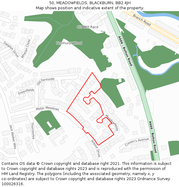 50, MEADOWFIELDS, BLACKBURN, BB2 4JH: Location map and indicative extent of plot