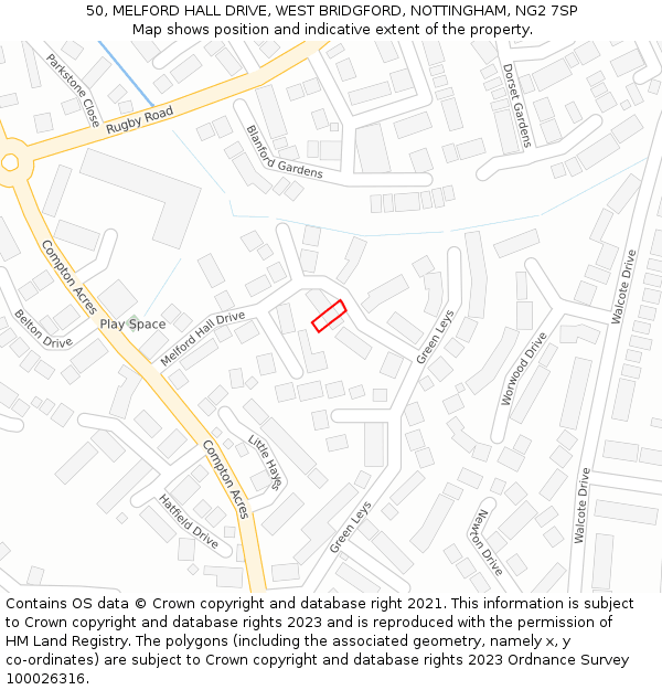 50, MELFORD HALL DRIVE, WEST BRIDGFORD, NOTTINGHAM, NG2 7SP: Location map and indicative extent of plot