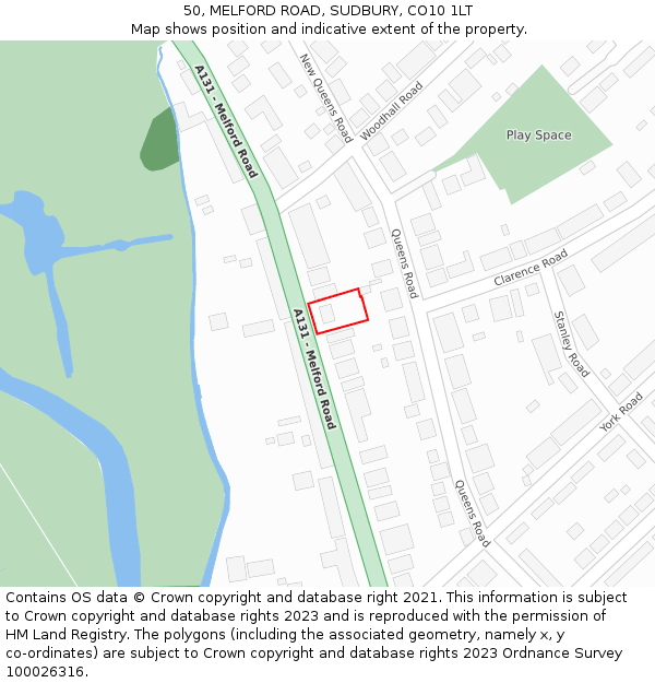 50, MELFORD ROAD, SUDBURY, CO10 1LT: Location map and indicative extent of plot