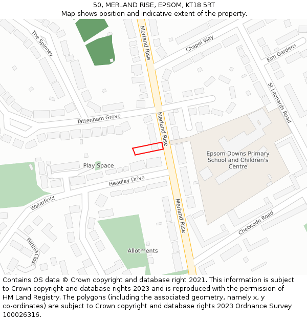 50, MERLAND RISE, EPSOM, KT18 5RT: Location map and indicative extent of plot