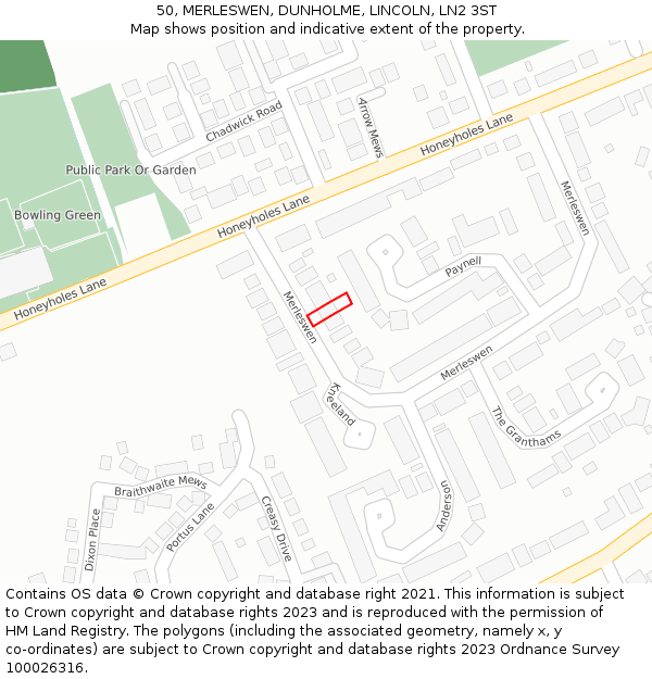 50, MERLESWEN, DUNHOLME, LINCOLN, LN2 3ST: Location map and indicative extent of plot