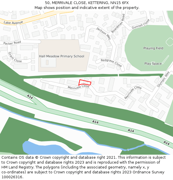 50, MERRIVALE CLOSE, KETTERING, NN15 6FX: Location map and indicative extent of plot