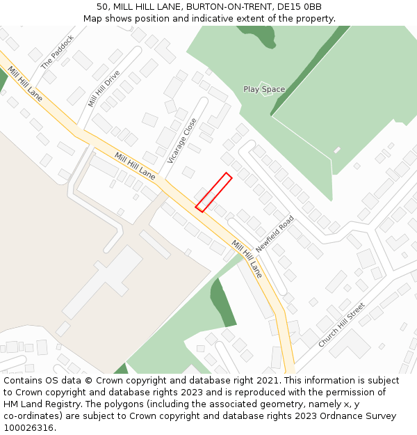 50, MILL HILL LANE, BURTON-ON-TRENT, DE15 0BB: Location map and indicative extent of plot