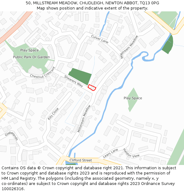 50, MILLSTREAM MEADOW, CHUDLEIGH, NEWTON ABBOT, TQ13 0PG: Location map and indicative extent of plot