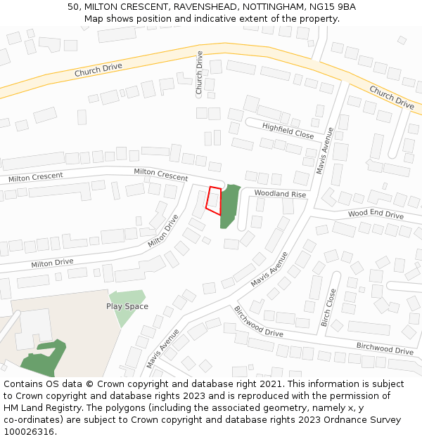 50, MILTON CRESCENT, RAVENSHEAD, NOTTINGHAM, NG15 9BA: Location map and indicative extent of plot