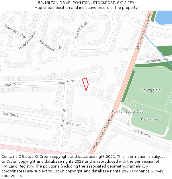 50, MILTON DRIVE, POYNTON, STOCKPORT, SK12 1EY: Location map and indicative extent of plot