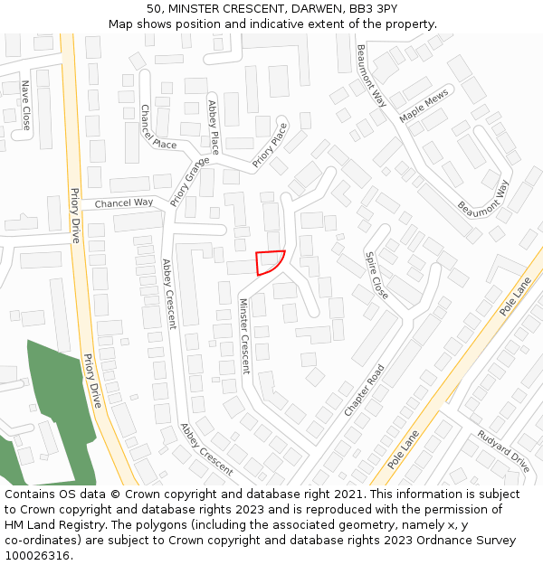 50, MINSTER CRESCENT, DARWEN, BB3 3PY: Location map and indicative extent of plot