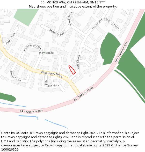 50, MONKS WAY, CHIPPENHAM, SN15 3TT: Location map and indicative extent of plot