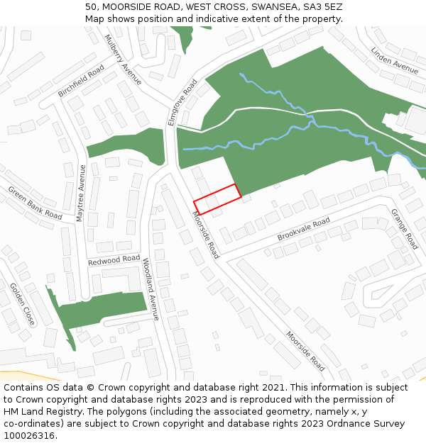 50, MOORSIDE ROAD, WEST CROSS, SWANSEA, SA3 5EZ: Location map and indicative extent of plot