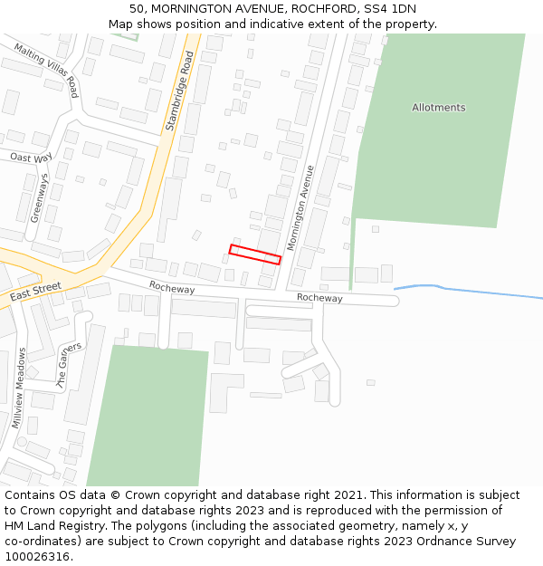 50, MORNINGTON AVENUE, ROCHFORD, SS4 1DN: Location map and indicative extent of plot