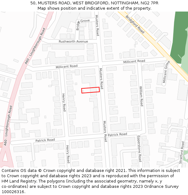 50, MUSTERS ROAD, WEST BRIDGFORD, NOTTINGHAM, NG2 7PR: Location map and indicative extent of plot