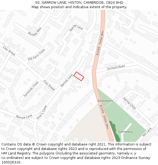 50, NARROW LANE, HISTON, CAMBRIDGE, CB24 9HD: Location map and indicative extent of plot