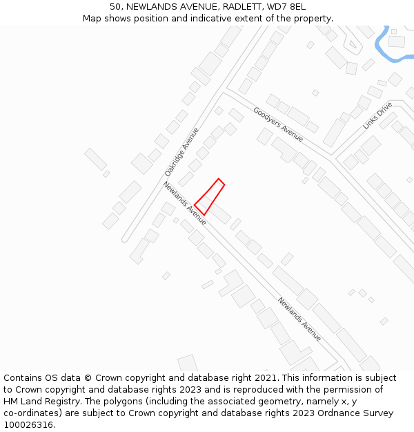 50, NEWLANDS AVENUE, RADLETT, WD7 8EL: Location map and indicative extent of plot