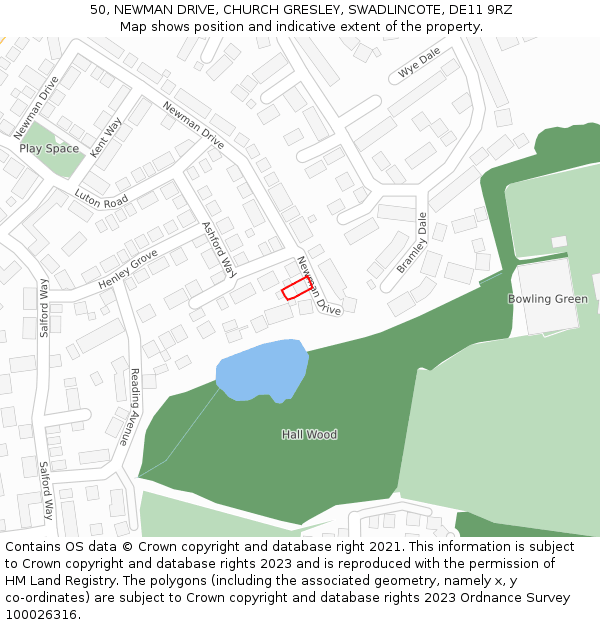 50, NEWMAN DRIVE, CHURCH GRESLEY, SWADLINCOTE, DE11 9RZ: Location map and indicative extent of plot