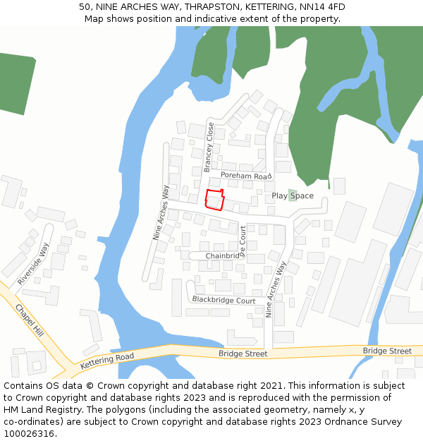 50, NINE ARCHES WAY, THRAPSTON, KETTERING, NN14 4FD: Location map and indicative extent of plot
