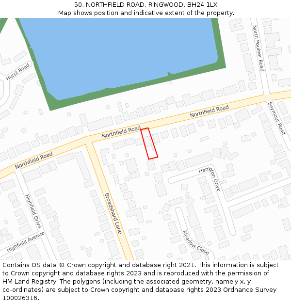 50, NORTHFIELD ROAD, RINGWOOD, BH24 1LX: Location map and indicative extent of plot