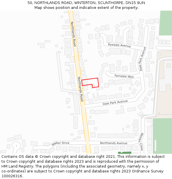 50, NORTHLANDS ROAD, WINTERTON, SCUNTHORPE, DN15 9UN: Location map and indicative extent of plot