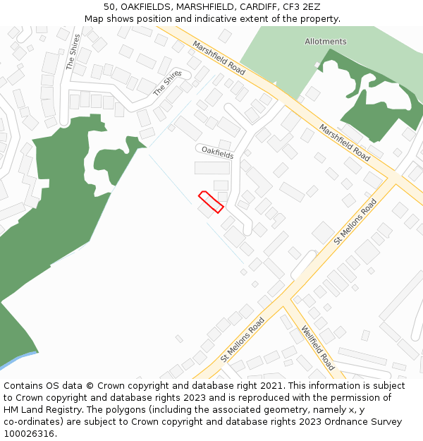 50, OAKFIELDS, MARSHFIELD, CARDIFF, CF3 2EZ: Location map and indicative extent of plot