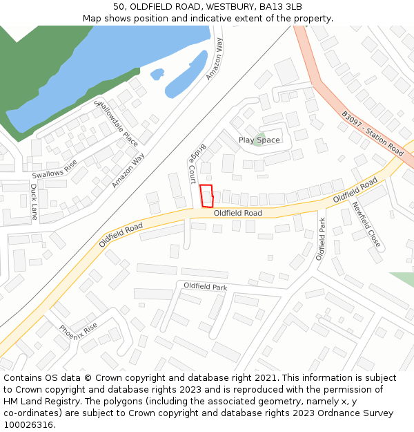 50, OLDFIELD ROAD, WESTBURY, BA13 3LB: Location map and indicative extent of plot