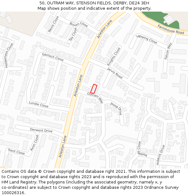 50, OUTRAM WAY, STENSON FIELDS, DERBY, DE24 3EH: Location map and indicative extent of plot