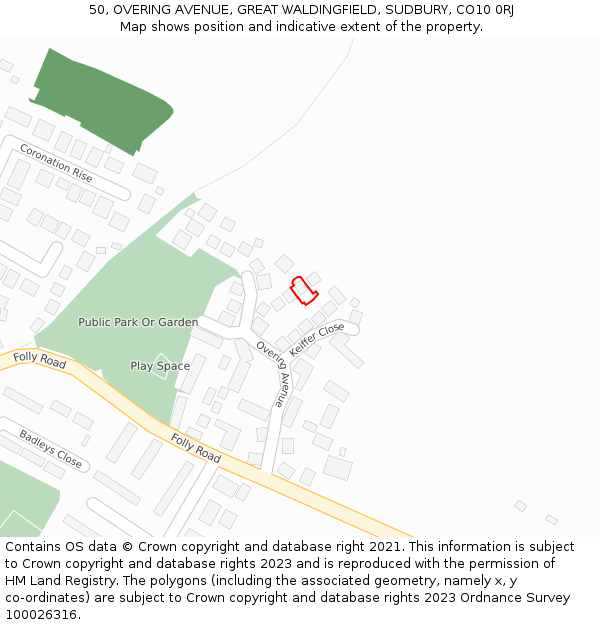 50, OVERING AVENUE, GREAT WALDINGFIELD, SUDBURY, CO10 0RJ: Location map and indicative extent of plot