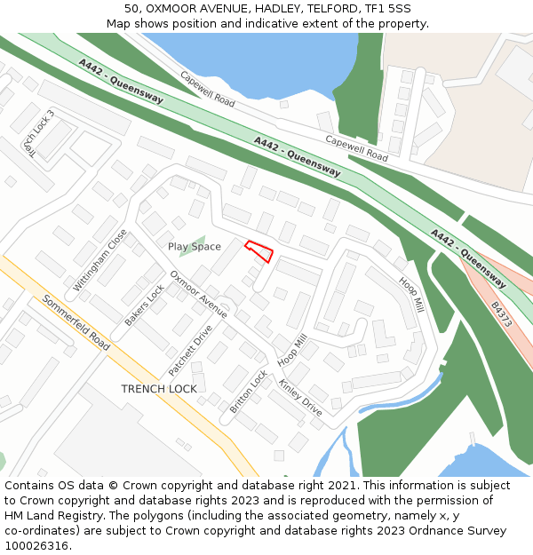 50, OXMOOR AVENUE, HADLEY, TELFORD, TF1 5SS: Location map and indicative extent of plot