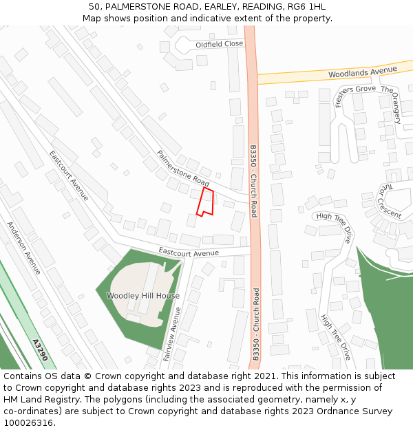 50, PALMERSTONE ROAD, EARLEY, READING, RG6 1HL: Location map and indicative extent of plot