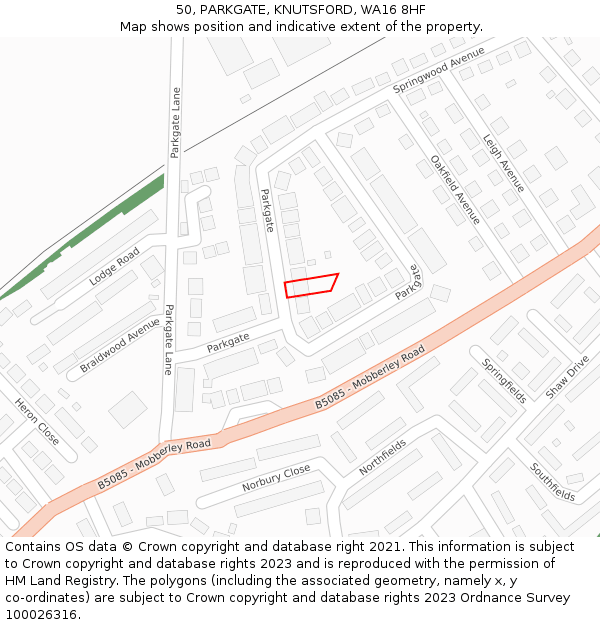 50, PARKGATE, KNUTSFORD, WA16 8HF: Location map and indicative extent of plot