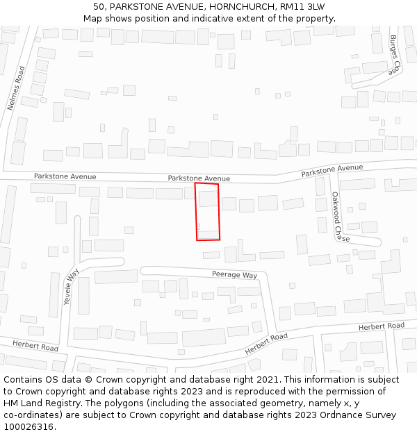 50, PARKSTONE AVENUE, HORNCHURCH, RM11 3LW: Location map and indicative extent of plot