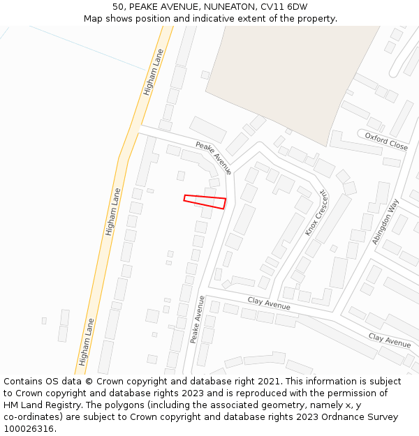 50, PEAKE AVENUE, NUNEATON, CV11 6DW: Location map and indicative extent of plot