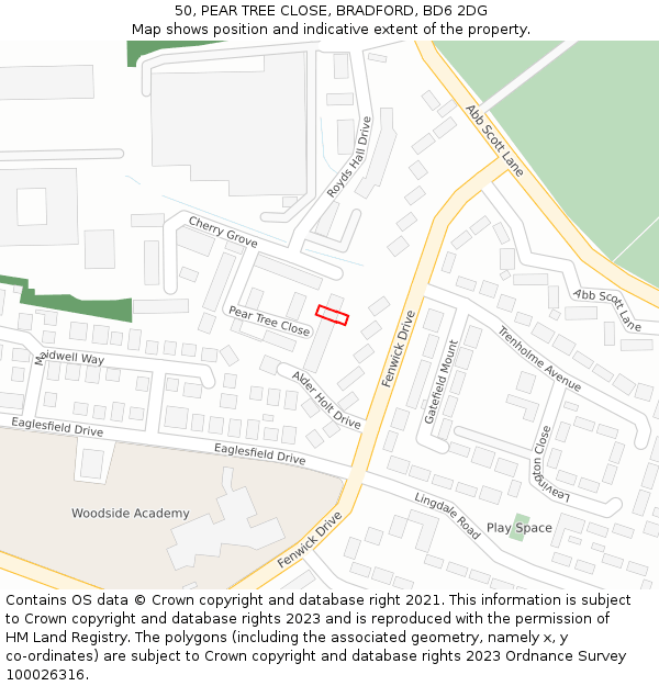 50, PEAR TREE CLOSE, BRADFORD, BD6 2DG: Location map and indicative extent of plot