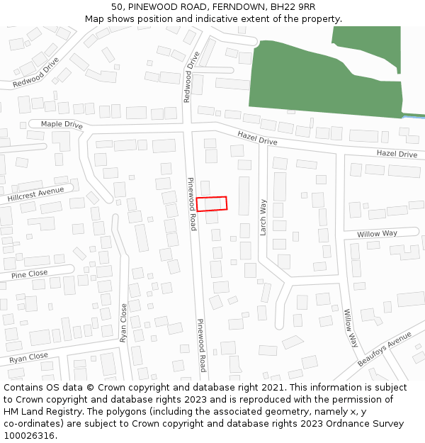 50, PINEWOOD ROAD, FERNDOWN, BH22 9RR: Location map and indicative extent of plot