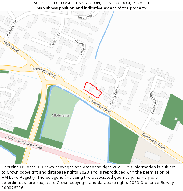 50, PITFIELD CLOSE, FENSTANTON, HUNTINGDON, PE28 9FE: Location map and indicative extent of plot