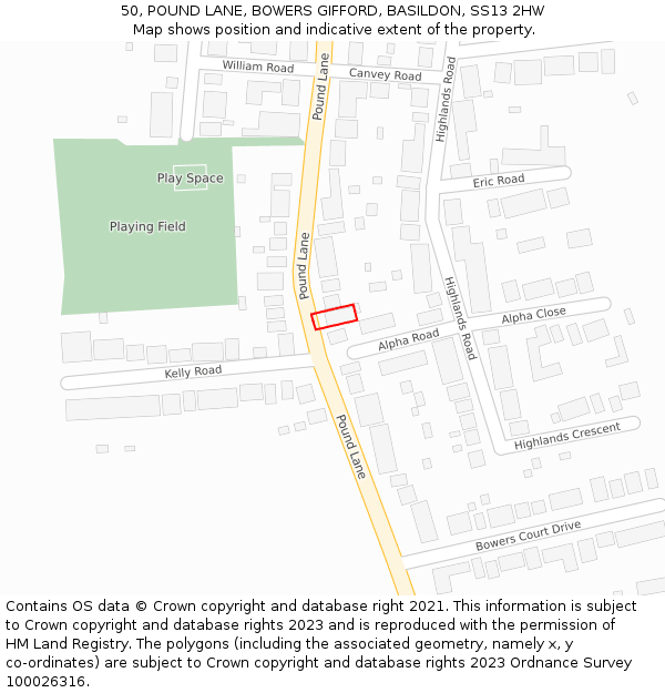 50, POUND LANE, BOWERS GIFFORD, BASILDON, SS13 2HW: Location map and indicative extent of plot