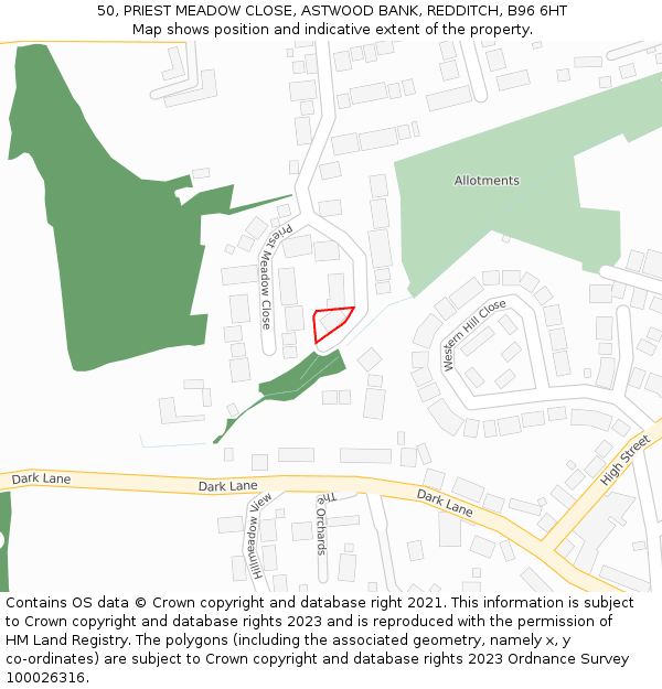 50, PRIEST MEADOW CLOSE, ASTWOOD BANK, REDDITCH, B96 6HT: Location map and indicative extent of plot