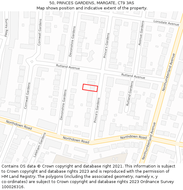 50, PRINCES GARDENS, MARGATE, CT9 3AS: Location map and indicative extent of plot