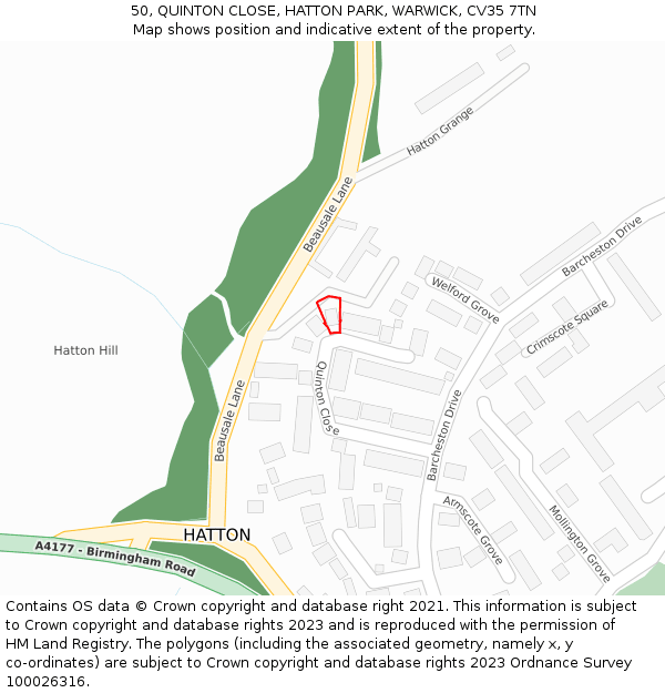 50, QUINTON CLOSE, HATTON PARK, WARWICK, CV35 7TN: Location map and indicative extent of plot