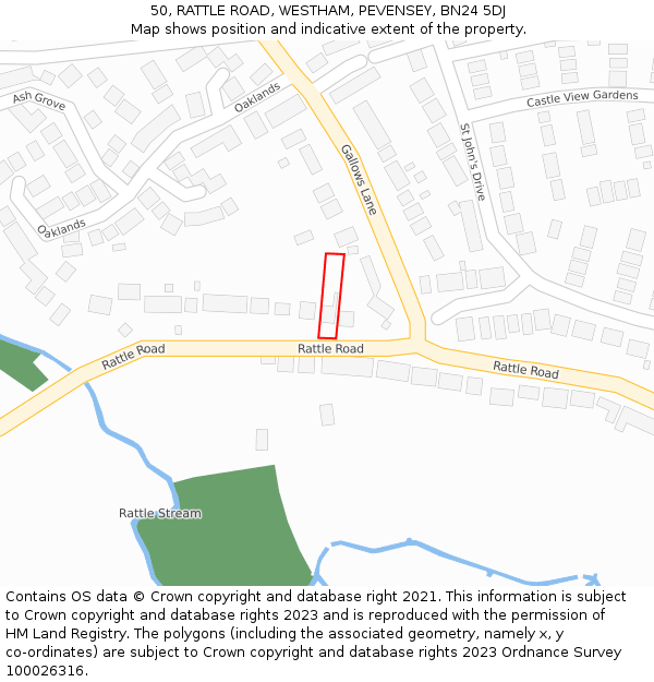 50, RATTLE ROAD, WESTHAM, PEVENSEY, BN24 5DJ: Location map and indicative extent of plot