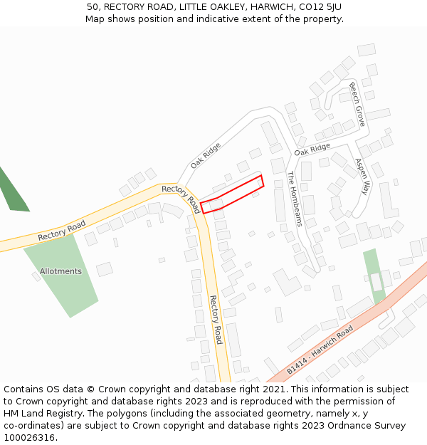 50, RECTORY ROAD, LITTLE OAKLEY, HARWICH, CO12 5JU: Location map and indicative extent of plot