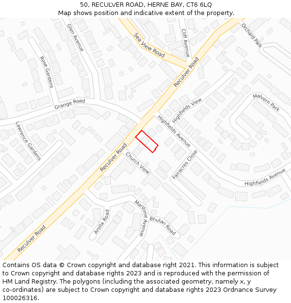 50, RECULVER ROAD, HERNE BAY, CT6 6LQ: Location map and indicative extent of plot