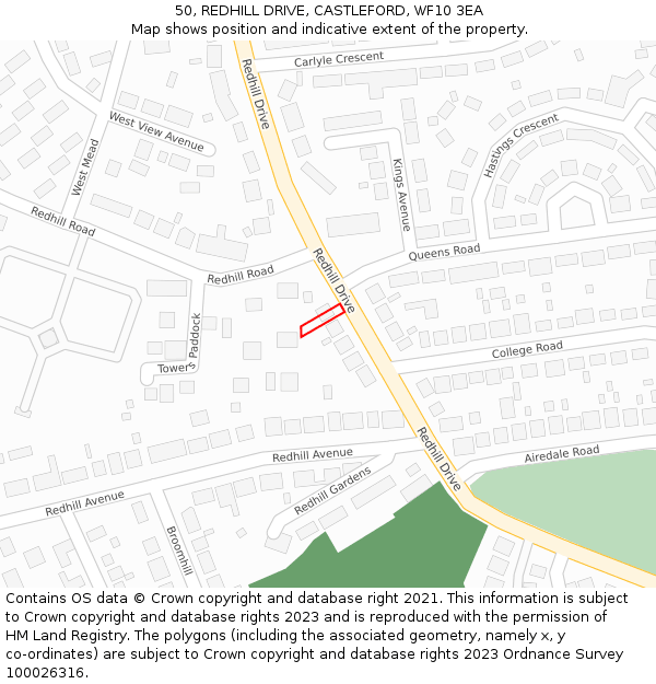 50, REDHILL DRIVE, CASTLEFORD, WF10 3EA: Location map and indicative extent of plot