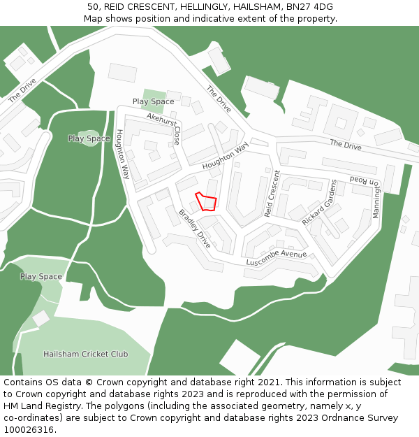 50, REID CRESCENT, HELLINGLY, HAILSHAM, BN27 4DG: Location map and indicative extent of plot