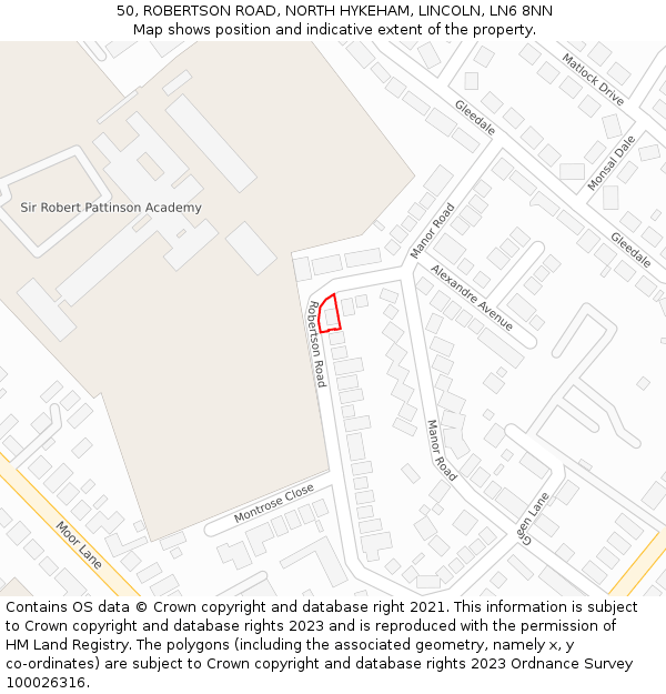 50, ROBERTSON ROAD, NORTH HYKEHAM, LINCOLN, LN6 8NN: Location map and indicative extent of plot