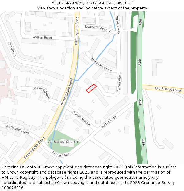 50, ROMAN WAY, BROMSGROVE, B61 0DT: Location map and indicative extent of plot