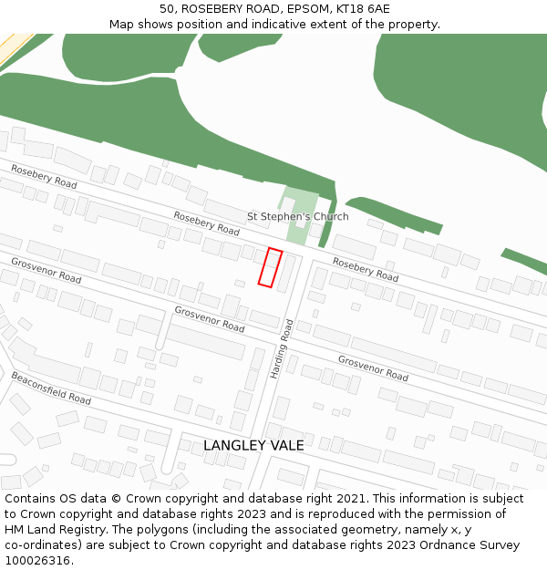 50, ROSEBERY ROAD, EPSOM, KT18 6AE: Location map and indicative extent of plot