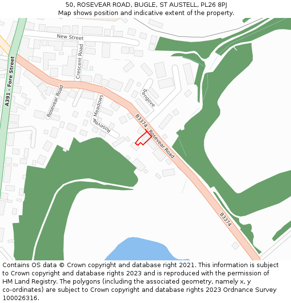 50, ROSEVEAR ROAD, BUGLE, ST AUSTELL, PL26 8PJ: Location map and indicative extent of plot