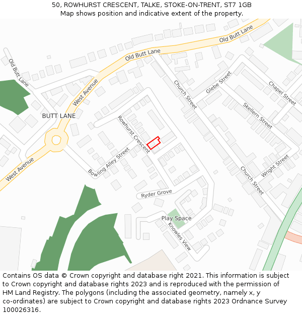 50, ROWHURST CRESCENT, TALKE, STOKE-ON-TRENT, ST7 1GB: Location map and indicative extent of plot